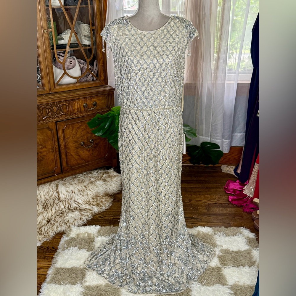 Mac Duggal Silver and Beige Embellished Crystal Cap Sleeve Column Gown
